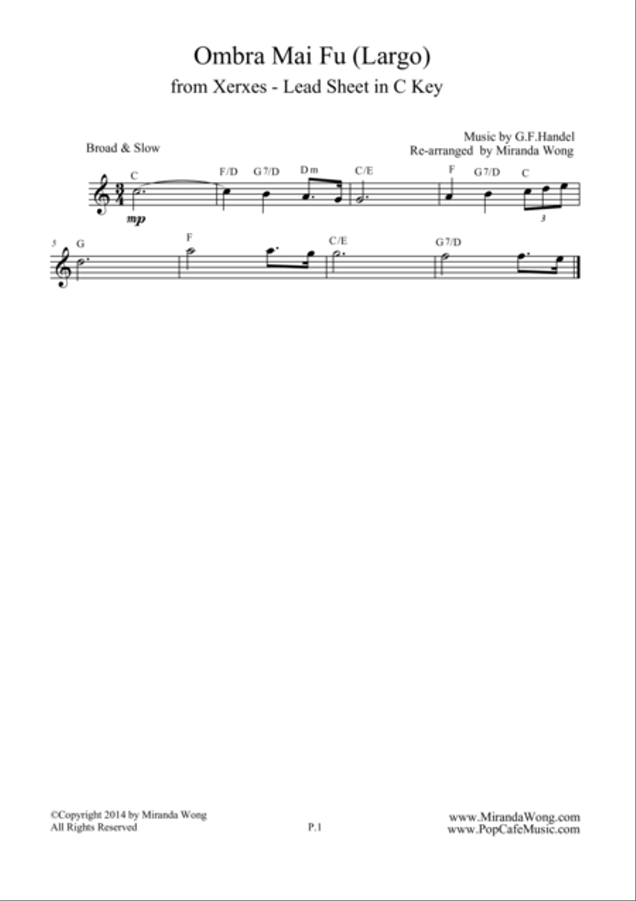 Largo from Xerxes - Lead Sheet in C Key (Violin or Flute Solo) Large Ensemble scores gallery preview page 1