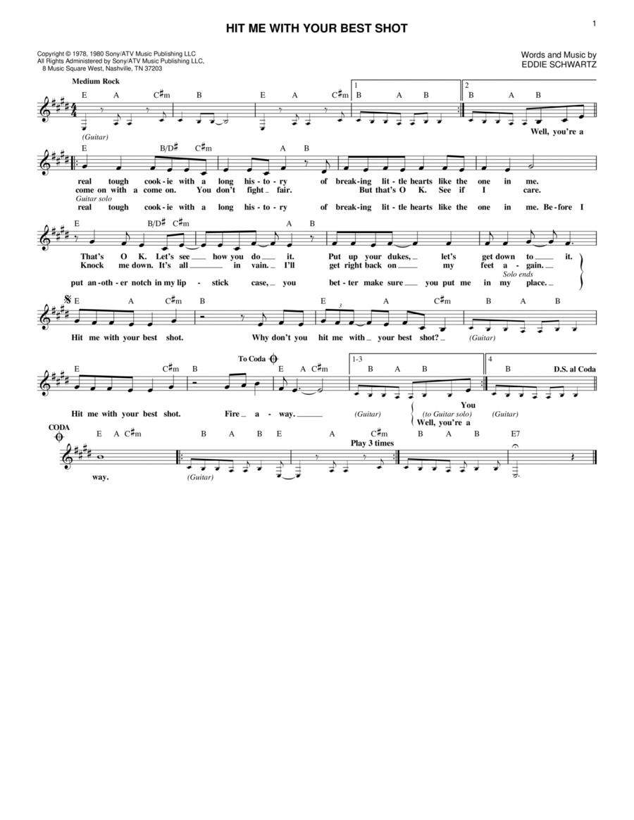 Hit Me With Your Best Shot Electric Guitar scores gallery preview page 1
