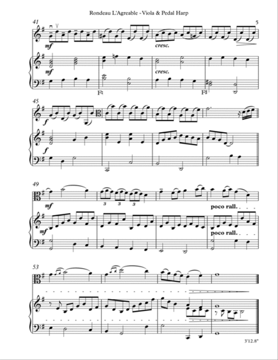 Rondeau L’Agreable, Duet for Viola & Pedal Harp String Duet scores gallery preview page 5