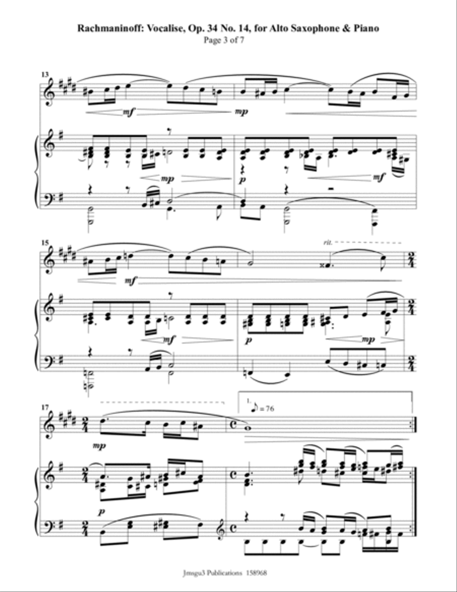 Rachmaninoff: Vocalise for Alto Sax & Piano Alto Saxophone scores gallery preview page 3