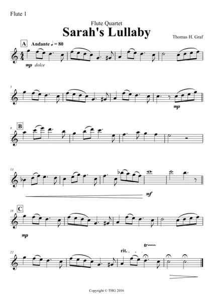 Sarah's Lullaby - Grade 2 - Flute Quartet