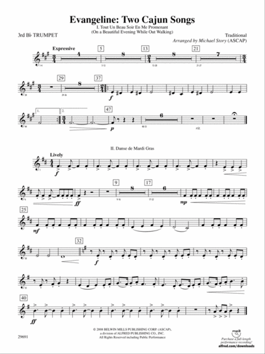 Evangeline: Two Cajun Songs: 3rd B-flat Trumpet Full Orchestra scores gallery preview page 1