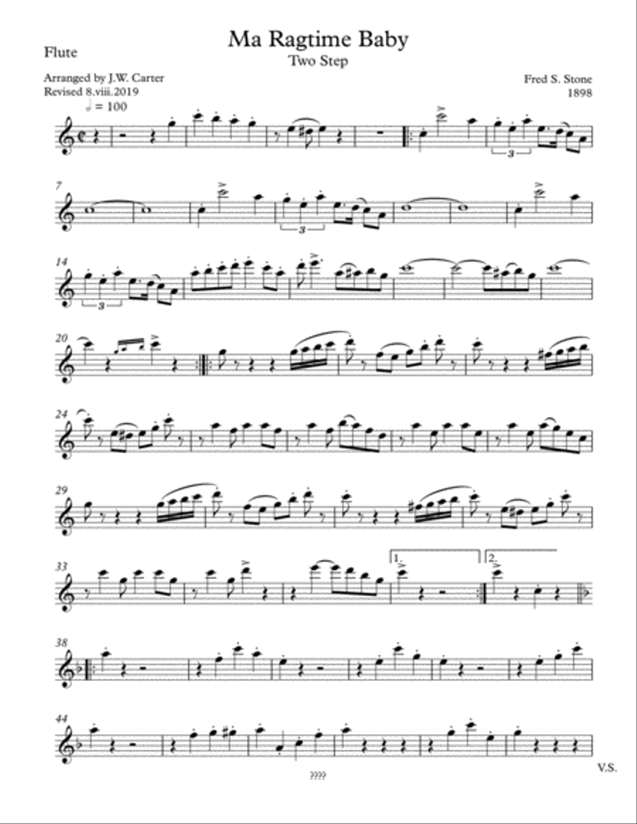 Ma Ragtime Baby, Two Step (1898), by Fred S. Stone, arranged for Flute & String Trio image number null