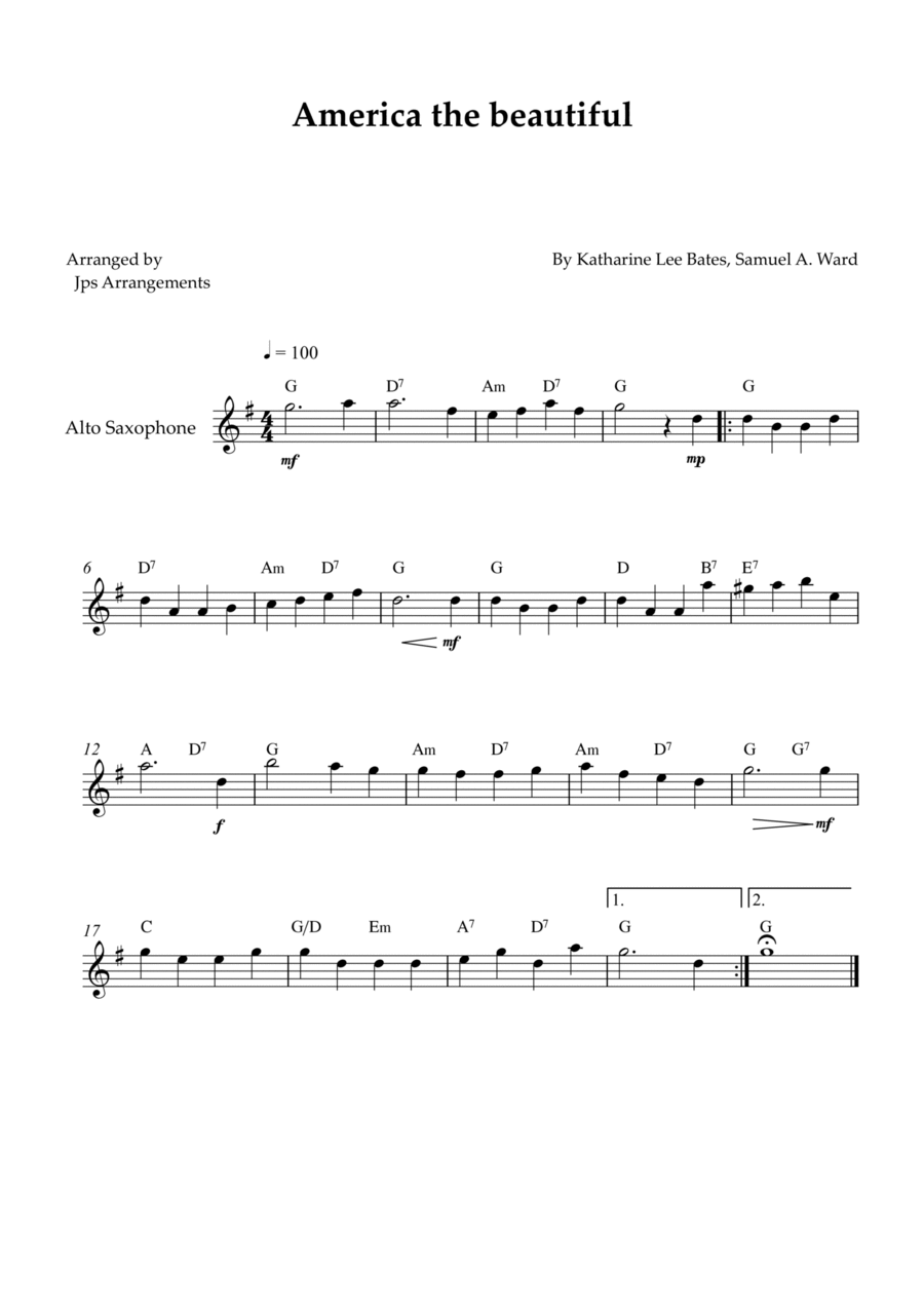 America The Beautiful - Alto Sax solo (+ CHORDS) Alto Saxophone scores gallery preview page 1