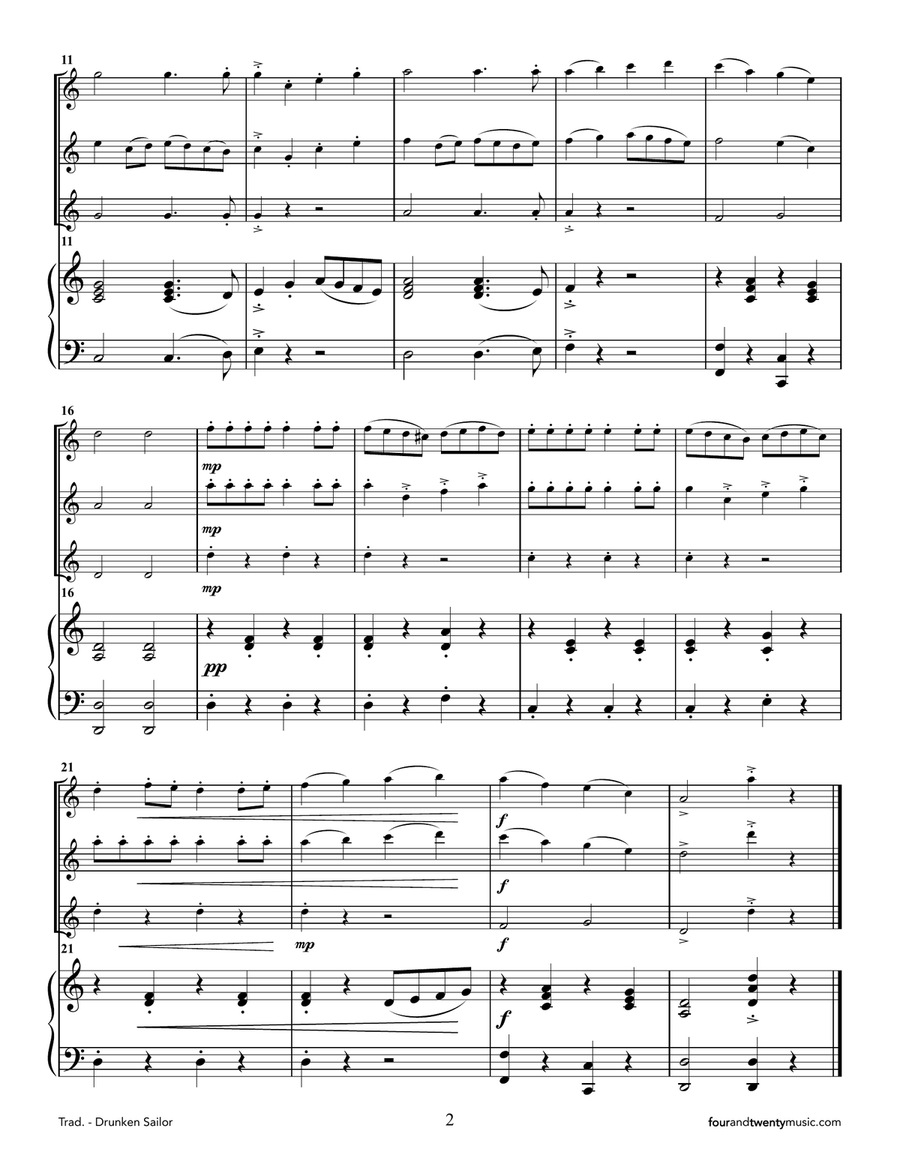 What shall we do with the drunken sailor? for two or three flutes and piano Small Ensemble scores gallery preview page 2