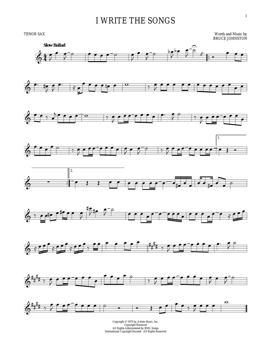 I Write The Songs I Write The Songs Tenor Saxophone scores gallery preview page 1