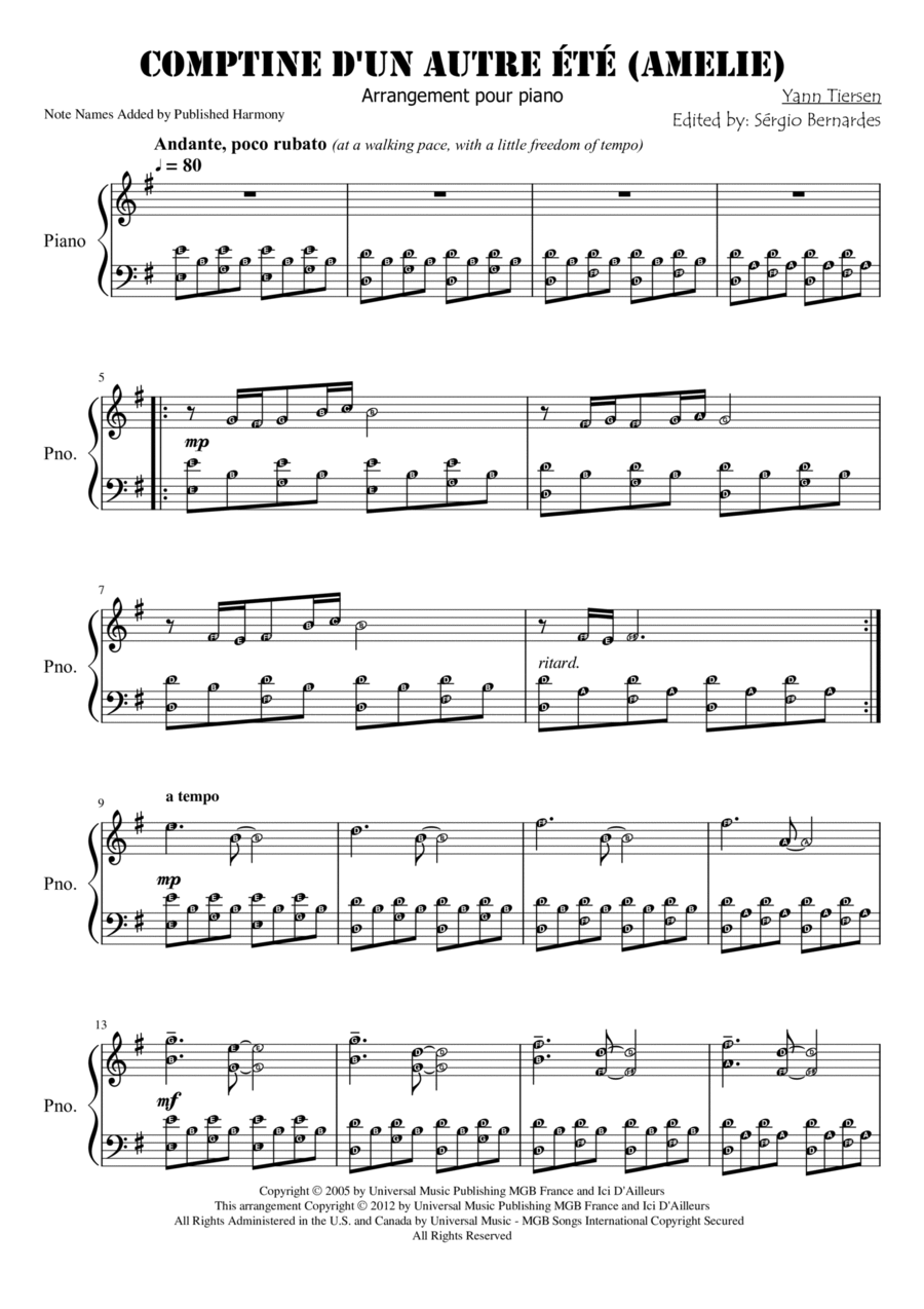 Comptine D'un Autre Été: L'après-midi Easy Piano scores gallery preview page 1