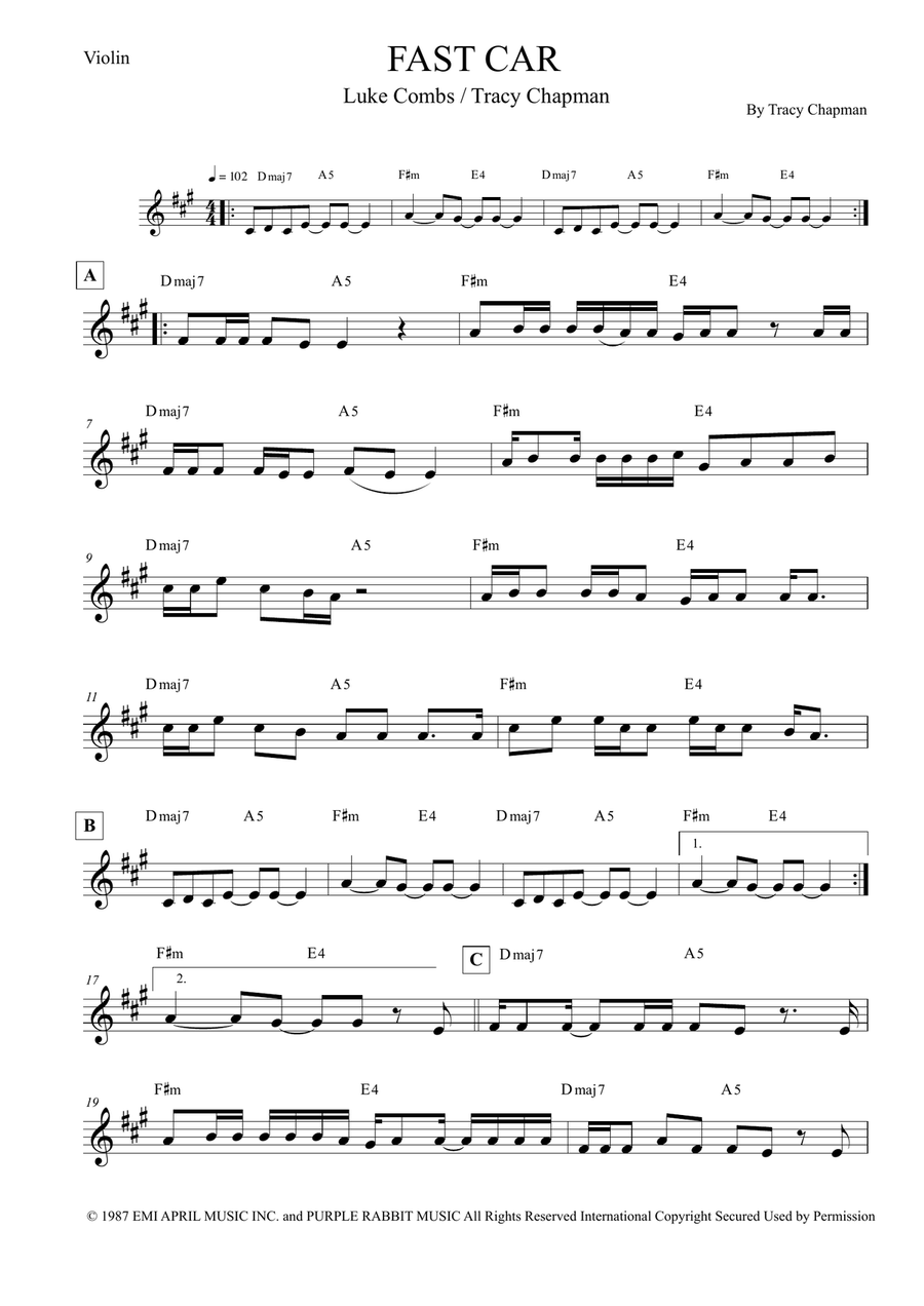 Fast Car Violin Solo scores gallery preview page 1