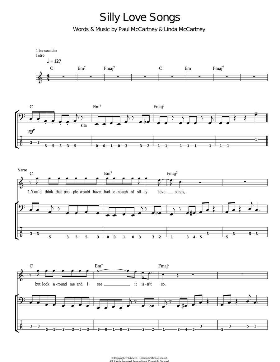 Silly Love Songs Bass Guitar Tablature scores gallery preview page 1