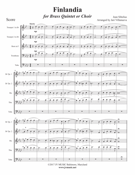 Finlandia Hymn for Brass Quintet or Choir image number null
