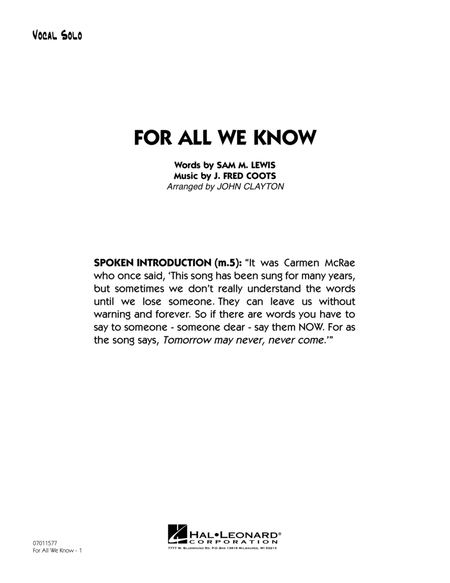 For All We Know - Vocal Solo