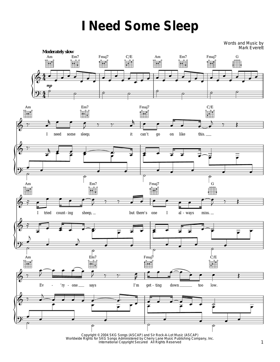 I Need Some Sleep I Need Some Sleep Piano, Vocal, Guitar scores gallery preview page 1