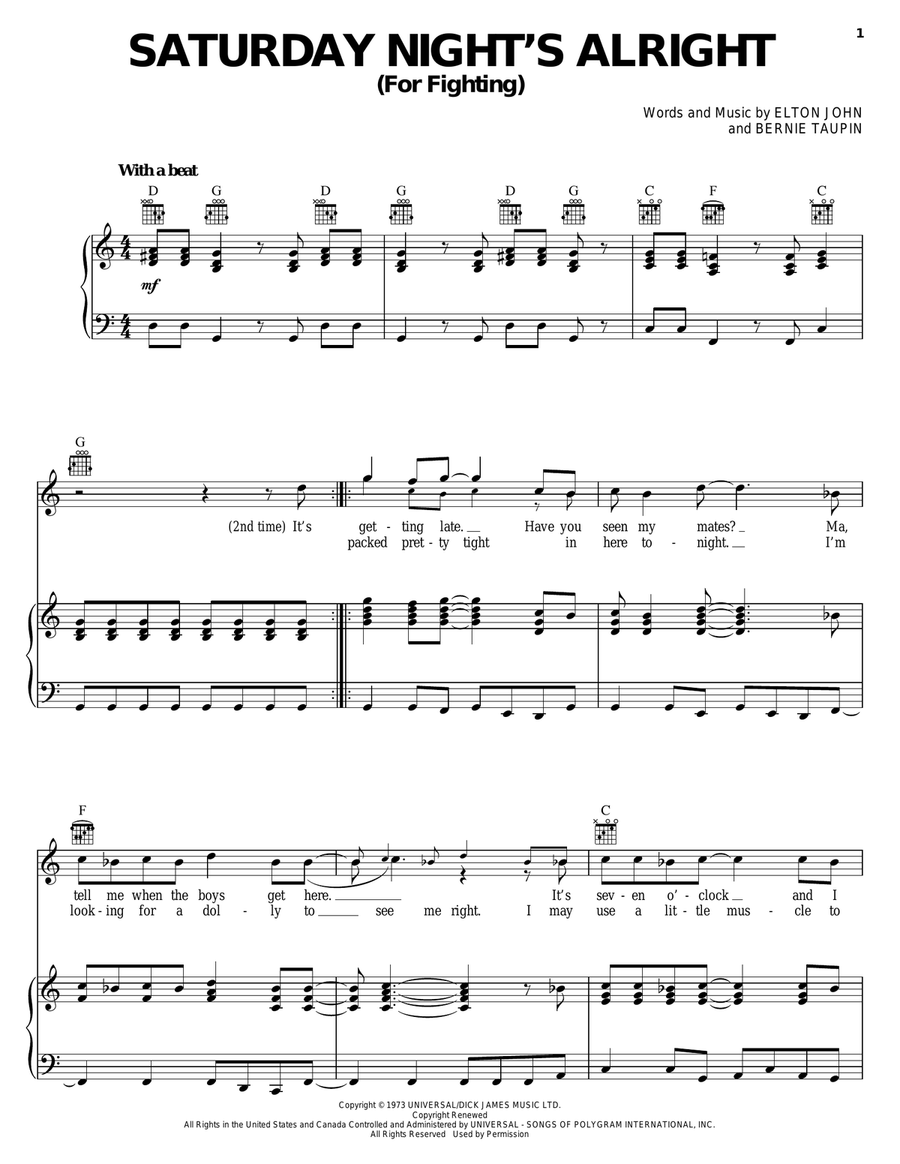 Saturday Night's Alright (For Fighting) Piano, Vocal, Guitar scores gallery preview page 1