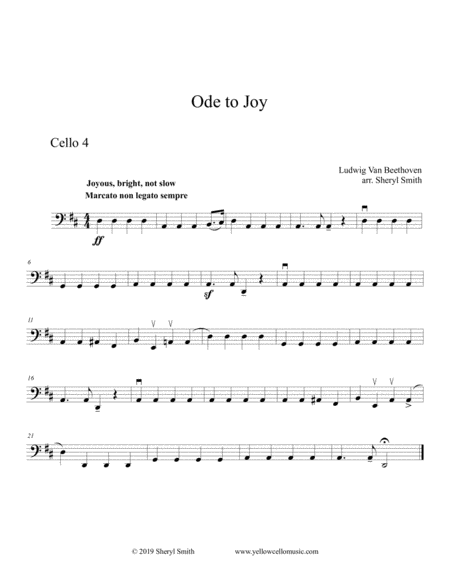 Ode to Joy, from Beethoven Symphony No. 9, arranged for intermediate cello quartet (four cellos) image number null