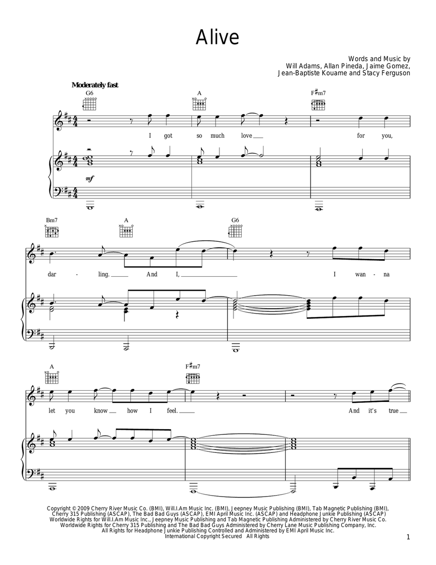 Alive Piano, Vocal, Guitar scores gallery preview page 1