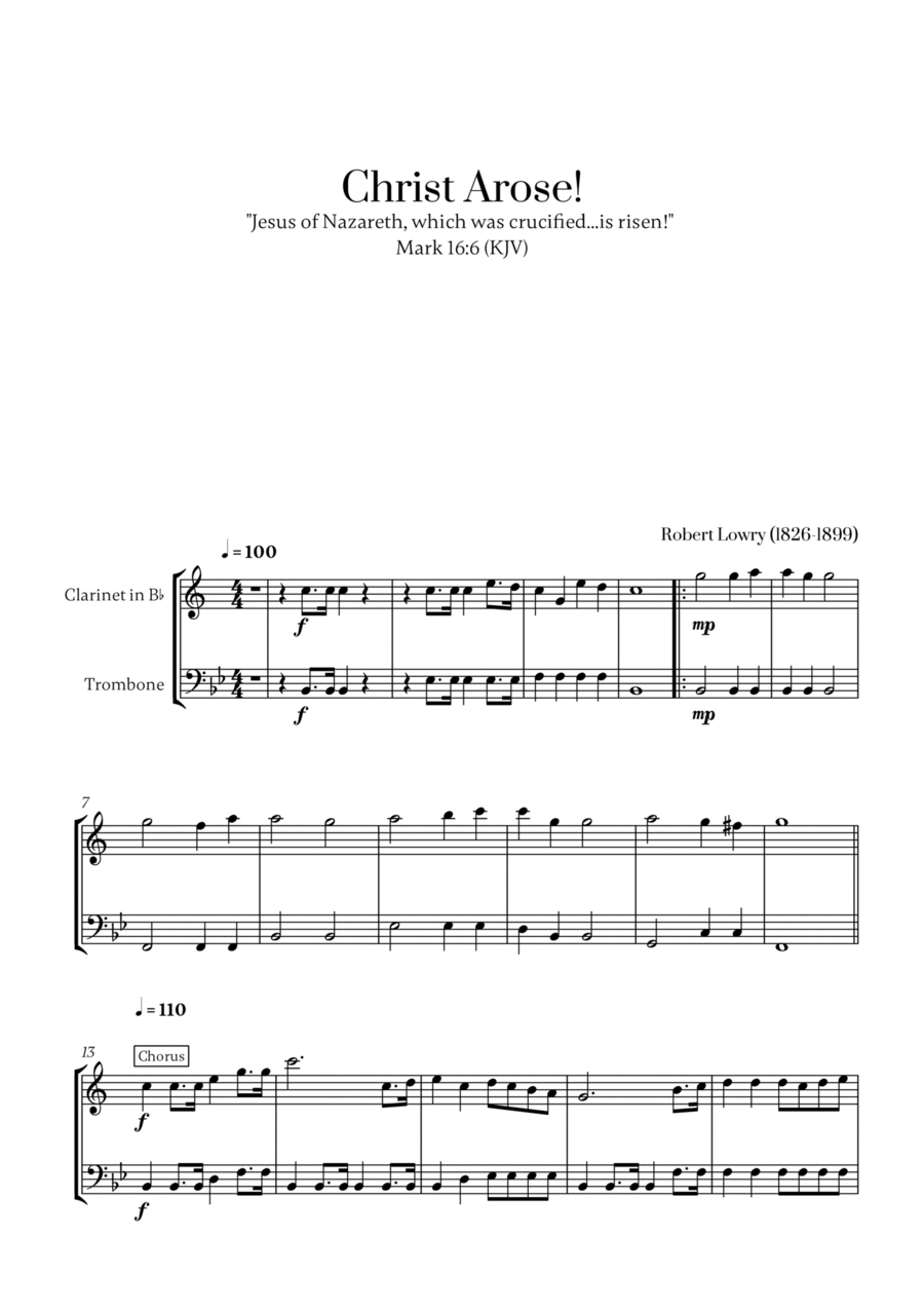 Robert Lowry - Christ Arose for Clarinet and Trombone B-Flat Clarinet scores gallery preview page 1