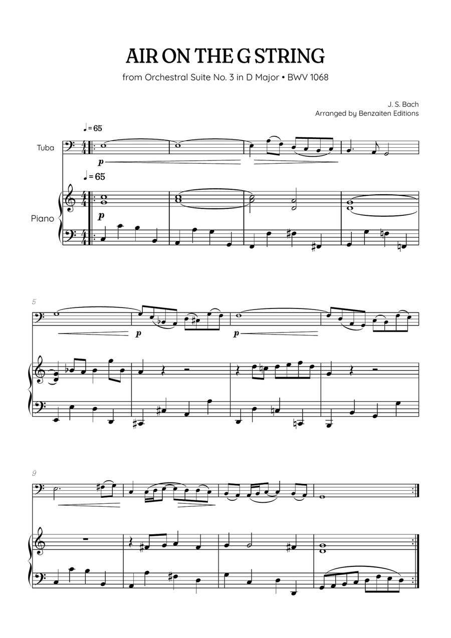 JS Bach • Air on the G String from Suite No. 3 BWV 1068 | tuba & piano sheet music Piano scores gallery preview page 1