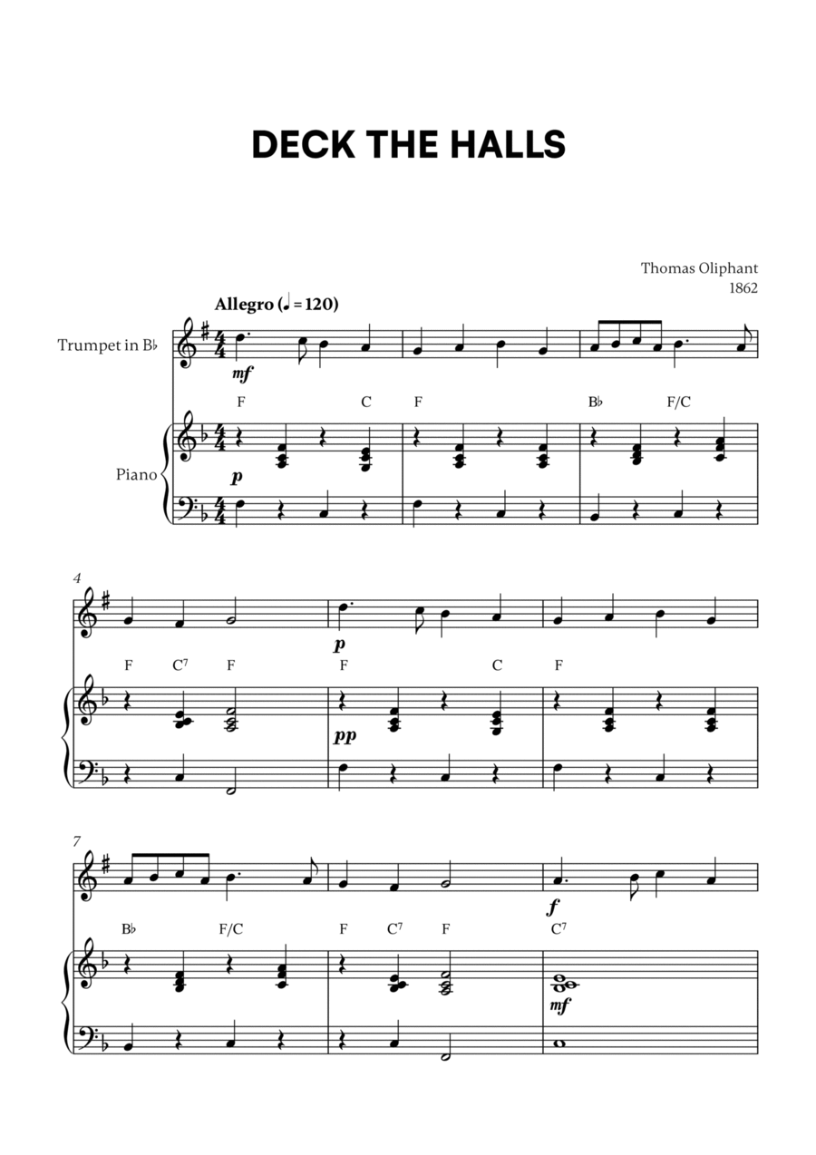 Deck the Halls (for Trumpet and Piano) Trumpet Solo scores gallery preview page 1