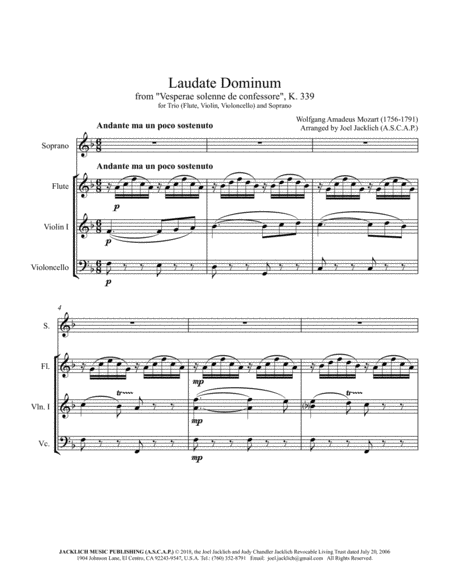 Laudate Dominum from "Vesperae solenne de confessore" K.399 for Solo Soprano, Flute, Violin, & Cello image number null