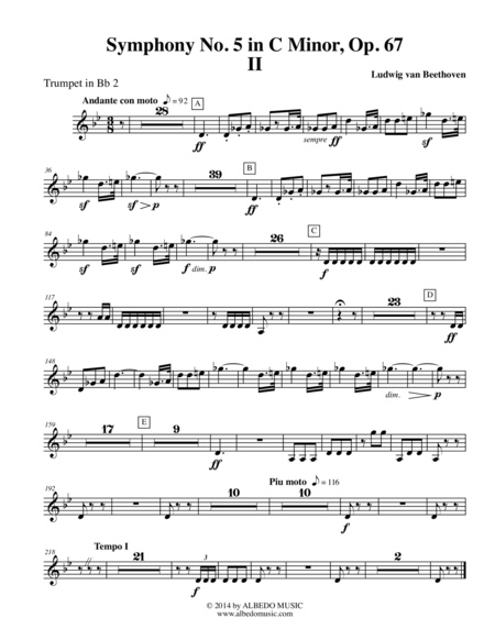 Beethoven Symphony No. 5, Movement II - Trumpet in Bb 2 (Transposed Part), Op. 67