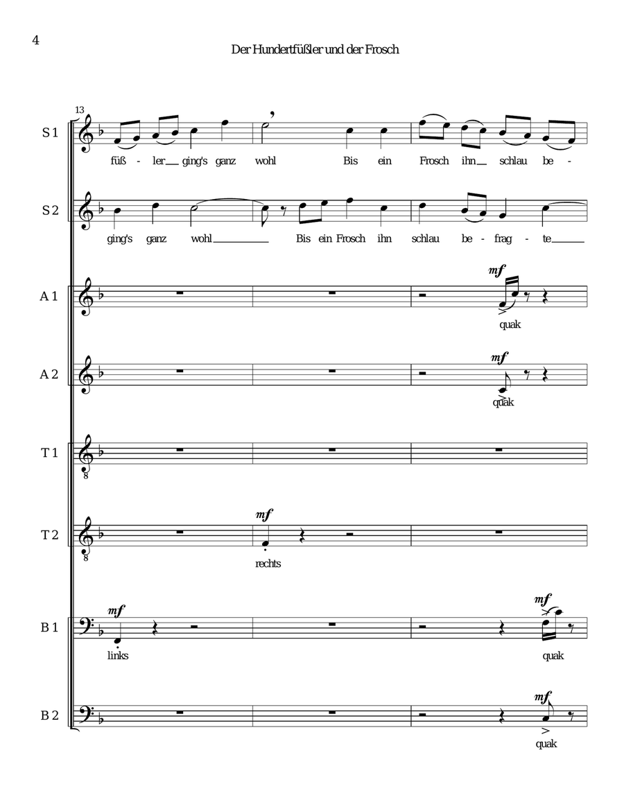 Der Hundertfüssler und der Frosch (The Centipede and the Frog in German) for 8 part choir 4-Part scores gallery preview page 4