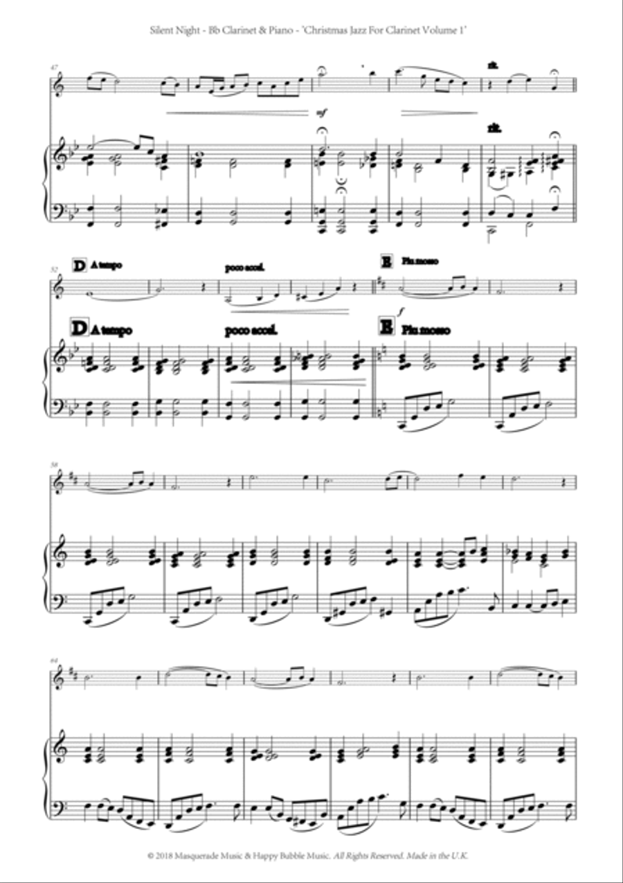 Silent Night ; A Shmooshy jazz arrangement for Bb Clarinet and Piano. Includes FREE demonstration, a B-Flat Clarinet scores gallery preview page 3