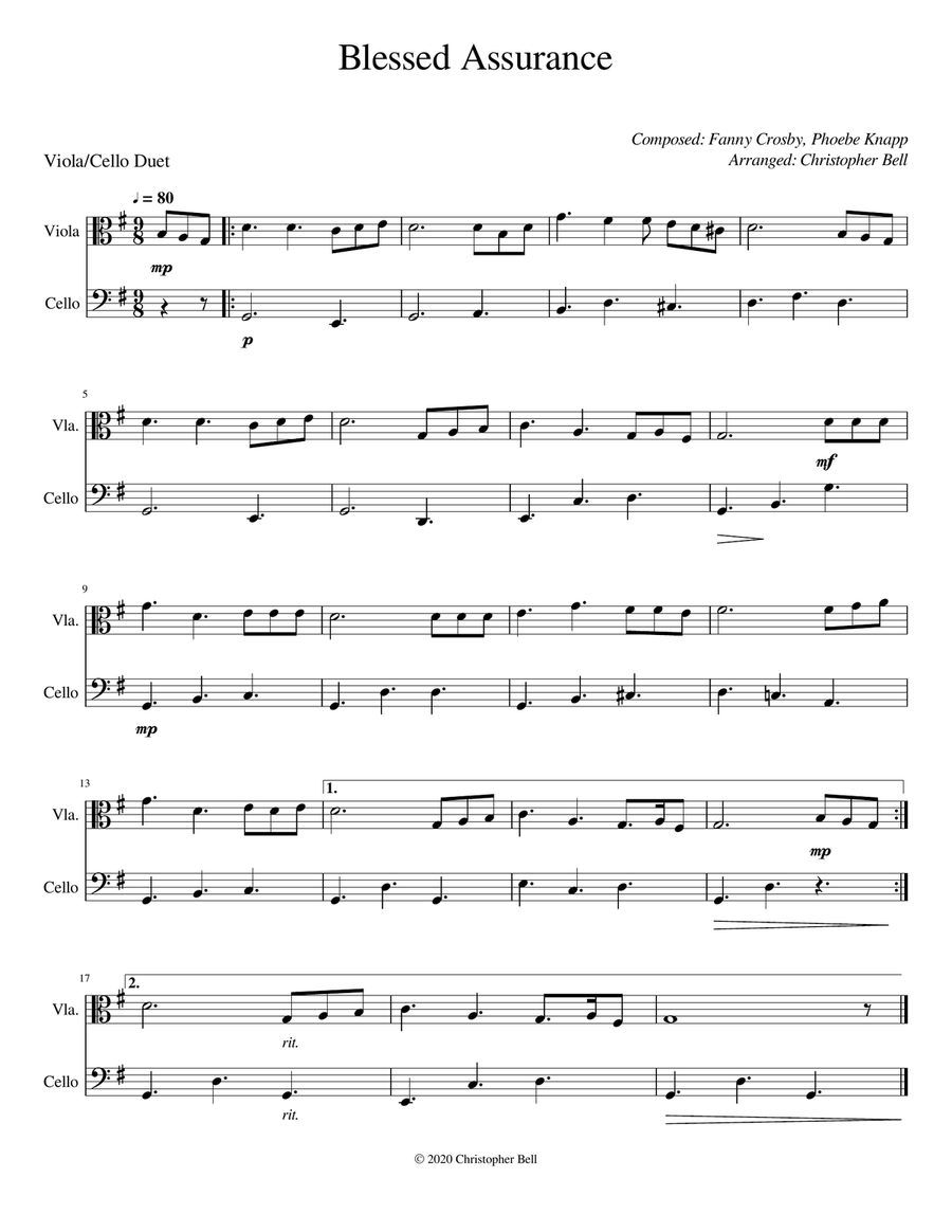 Blessed Assurance - Viola/Cello Duet String Duet scores gallery preview page 1