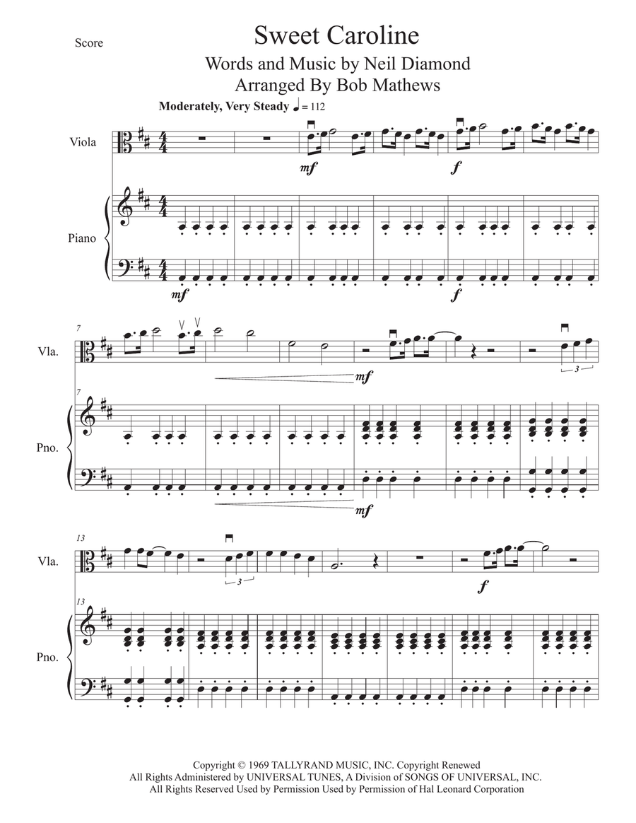 Sweet Caroline Viola Solo scores gallery preview page 1