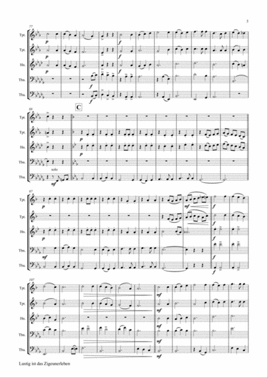 Lustig ist das Zigeunerleben - German Folk Song - Oktoberfest - Brass Quintet Brass Quintet scores gallery preview page 3