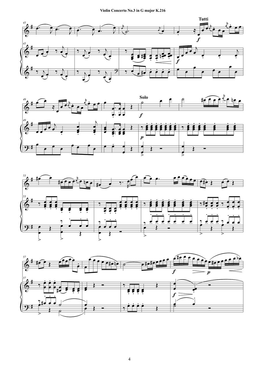 Mozart - Violin Concerto No.3 in G major K 216 for Violin and Piano - Score and Part Violin Solo scores gallery preview page 4