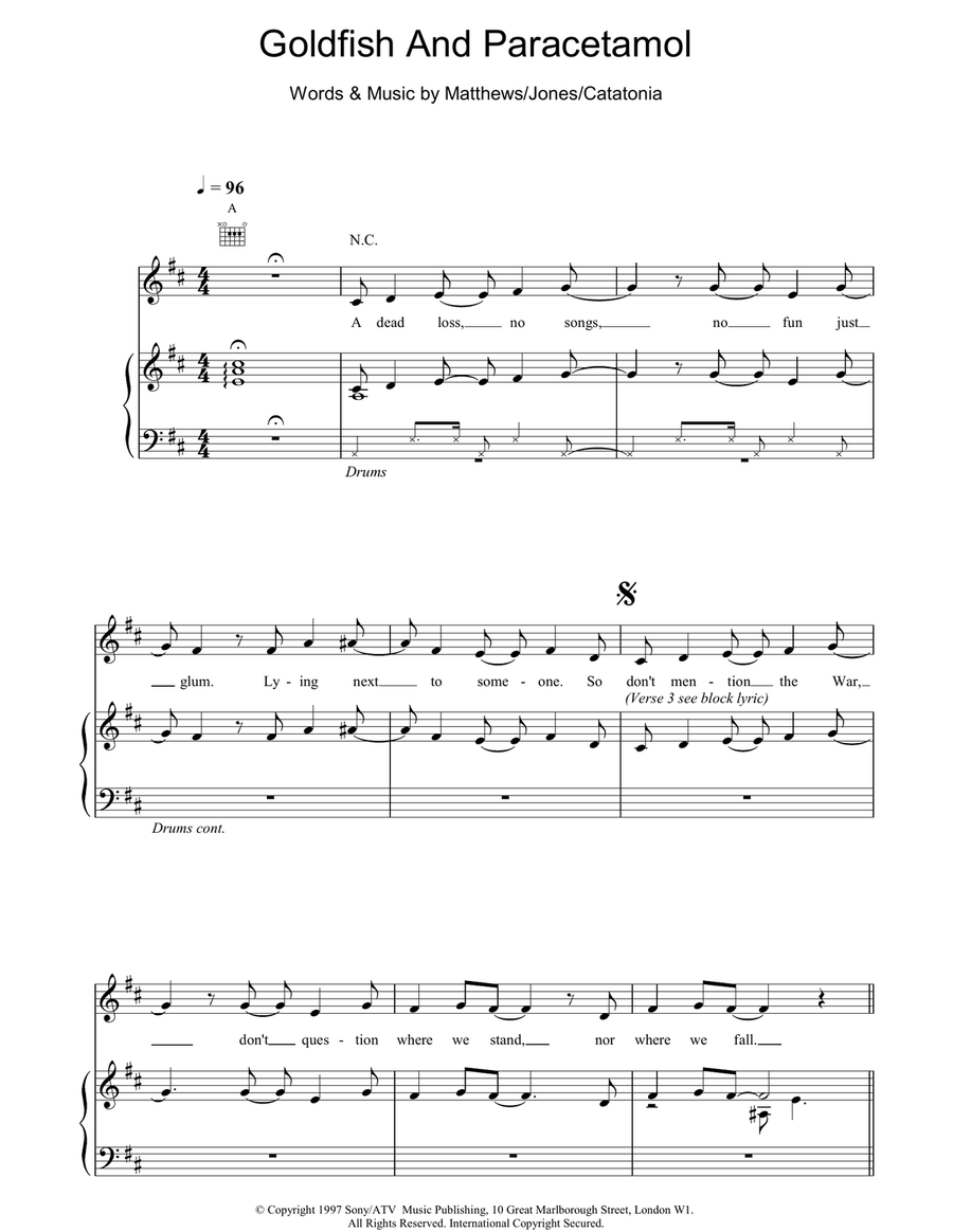 Goldfish And Paracetamol Piano, Vocal, Guitar scores gallery preview page 1