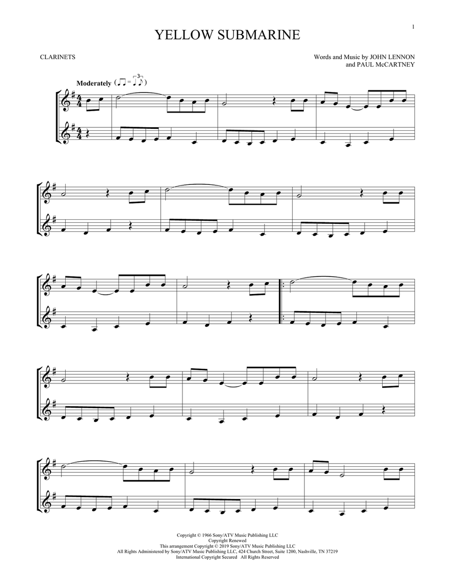 Yellow Submarine Clarinet Duet scores gallery preview page 1