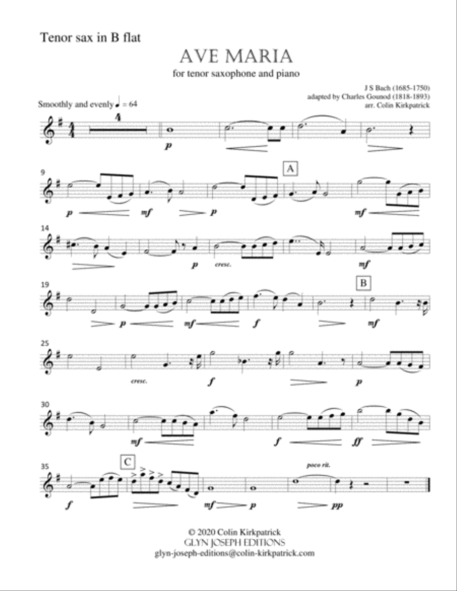 Bach-Gounod: Ave Maria for Tenor Saxophone and Piano Tenor Saxophone scores gallery preview page 2