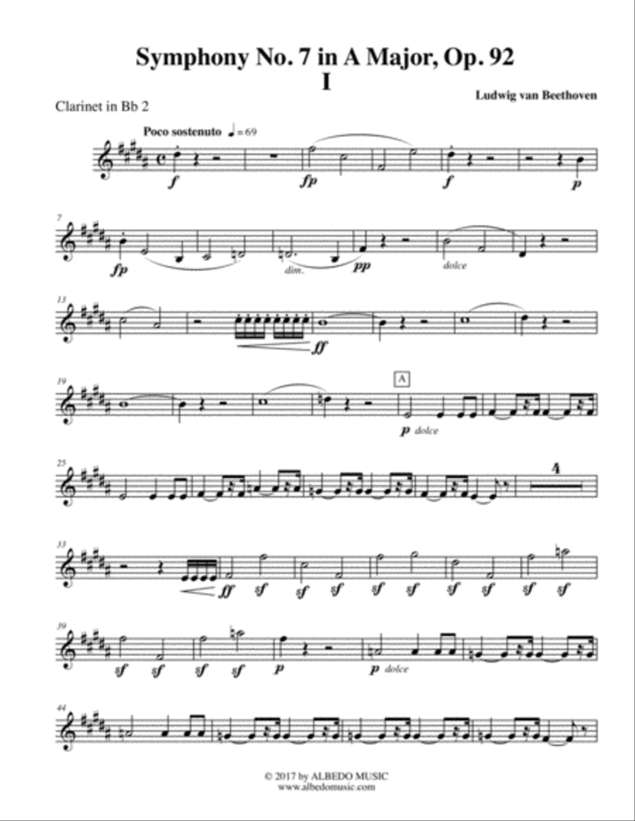 Beethoven Symphony No. 7, Movement I - Clarinet in Bb 2 (Transposed Part), Op. 92 B-Flat Clarinet scores gallery preview page 1