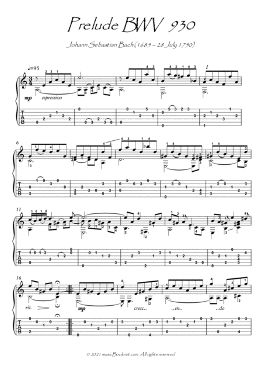 Bach for Guitar Prelude BWV 930 guitar solo Acoustic Guitar scores gallery preview page 1