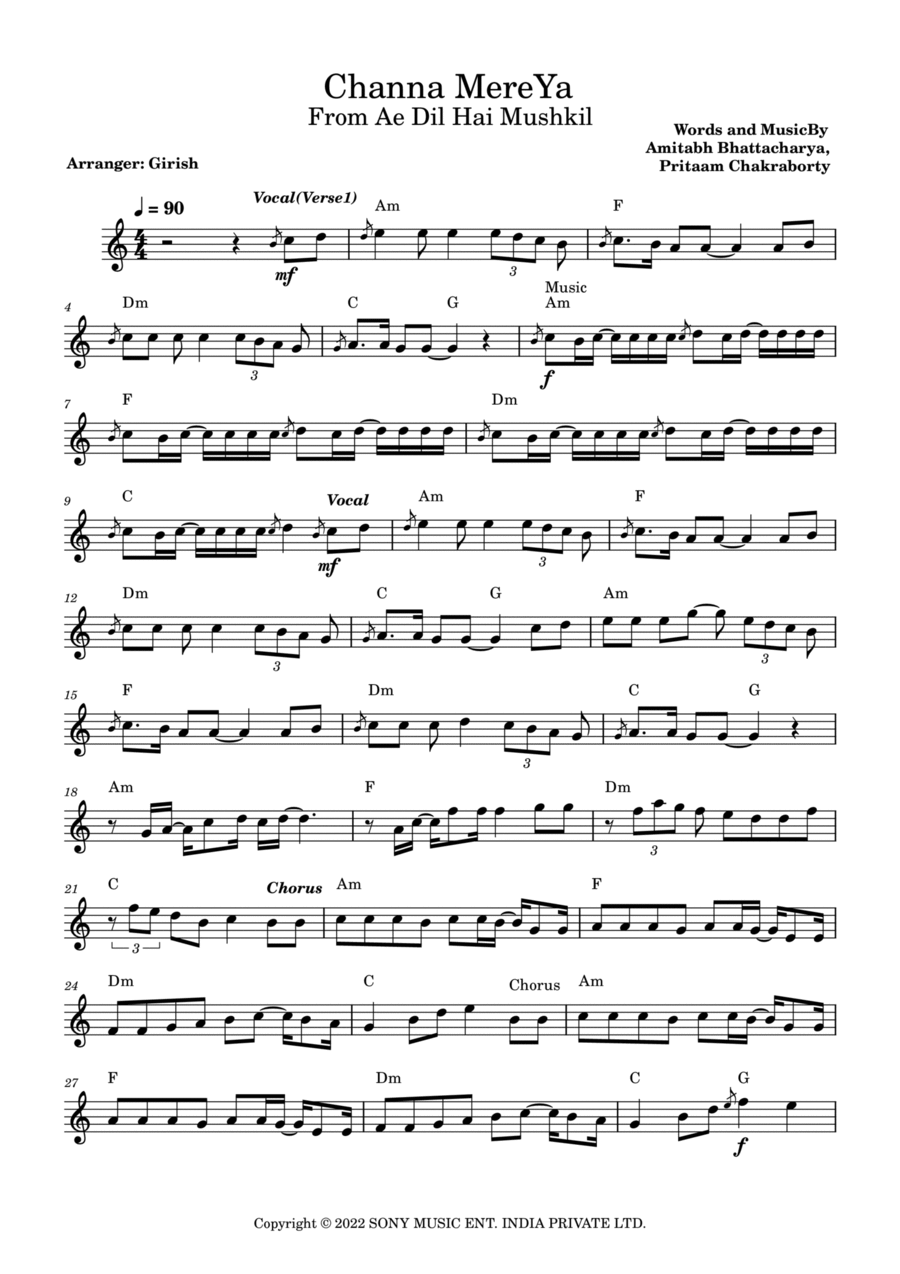 Channa Mereya (360 Ra) Piano scores gallery preview page 1