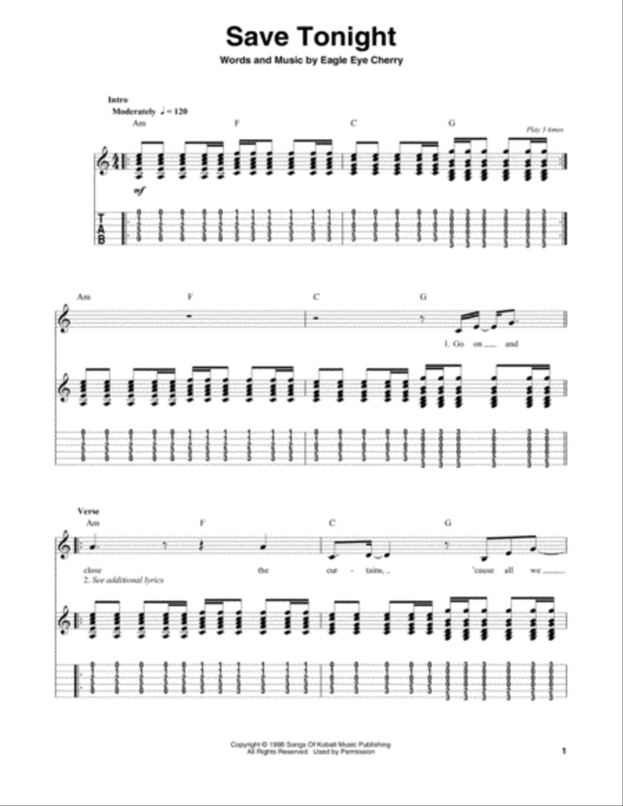 Save Tonight Guitar Tablature scores gallery preview page 1