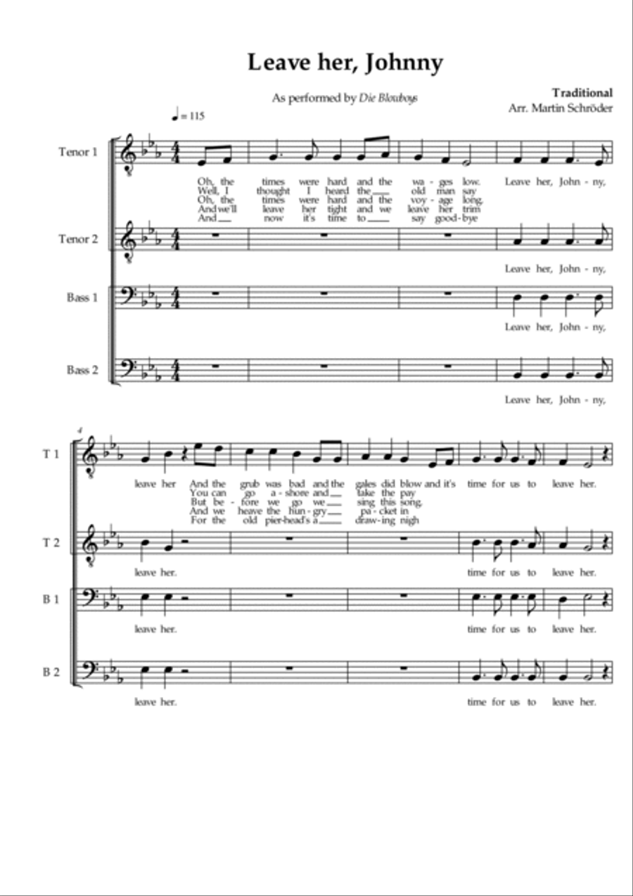 Leave her, Johnny (TTBB) - Sea Shanty arranged for men's choir (as performed by Die Blowboys) TTBB scores gallery preview page 2