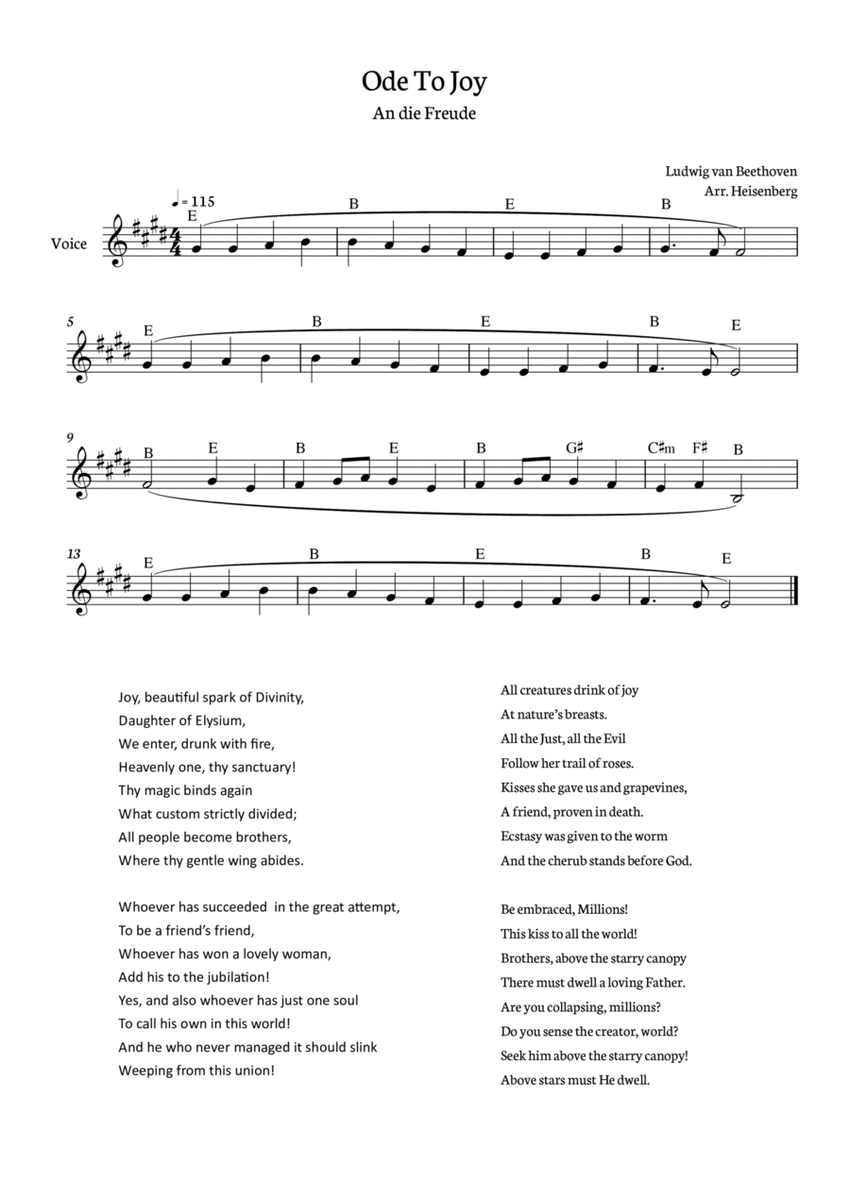 Beethoven - Ode To Joy for voice with chords in E (Lyrics in English) image number null