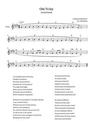Book cover for Beethoven - Ode To Joy for voice with chords in E (Lyrics in English)