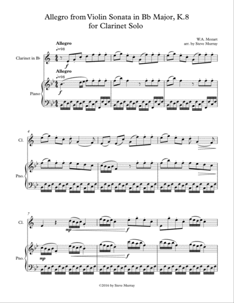 Allegro from Violin Sonata in Bb Major, K.8 for Clarinet Solo Clarinet Solo scores gallery preview page 1