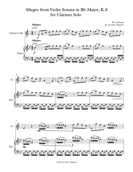 Allegro from Violin Sonata in Bb Major, K.8 for Clarinet Solo image number null