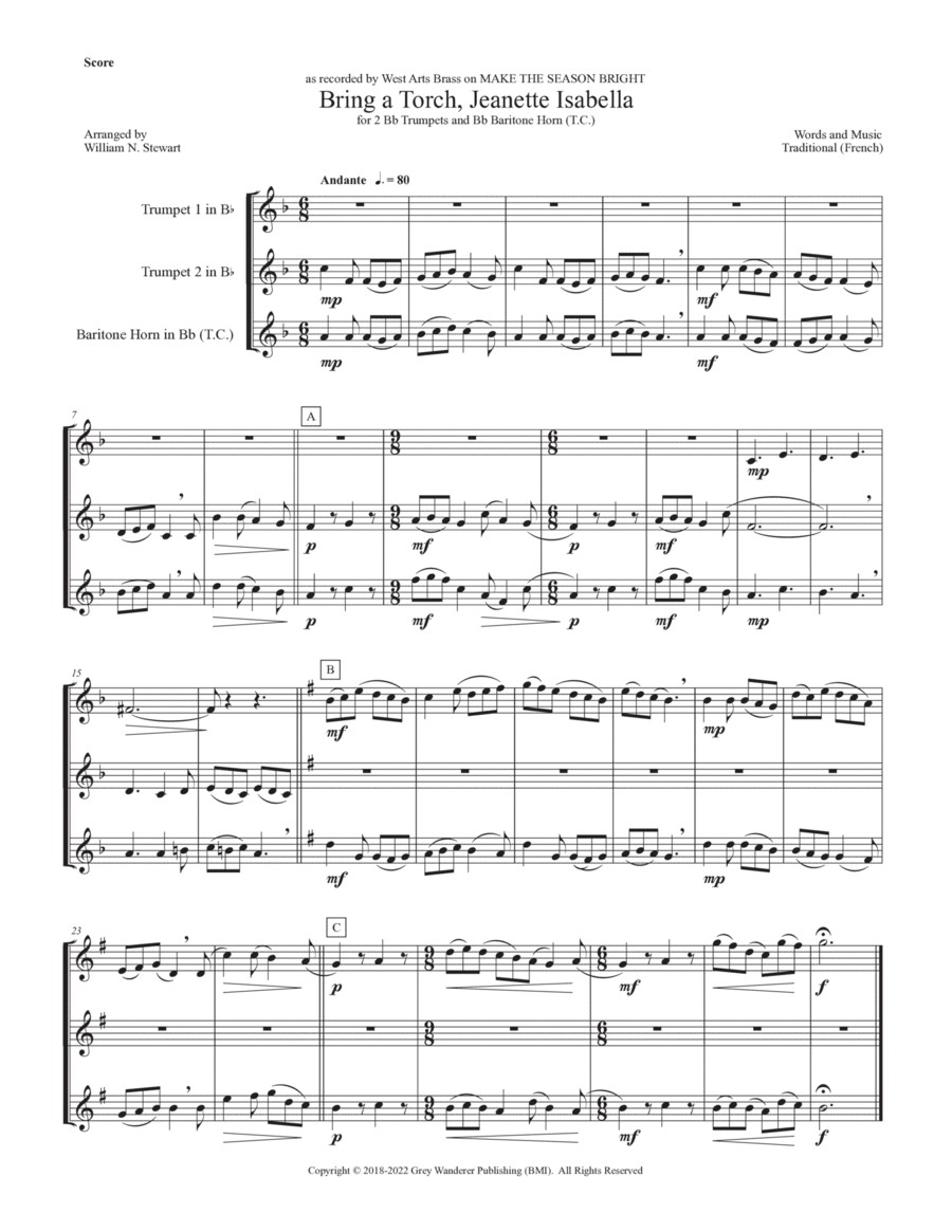 Bring a Torch, Jeanette Isabella Baritone Horn TC scores gallery preview page 1