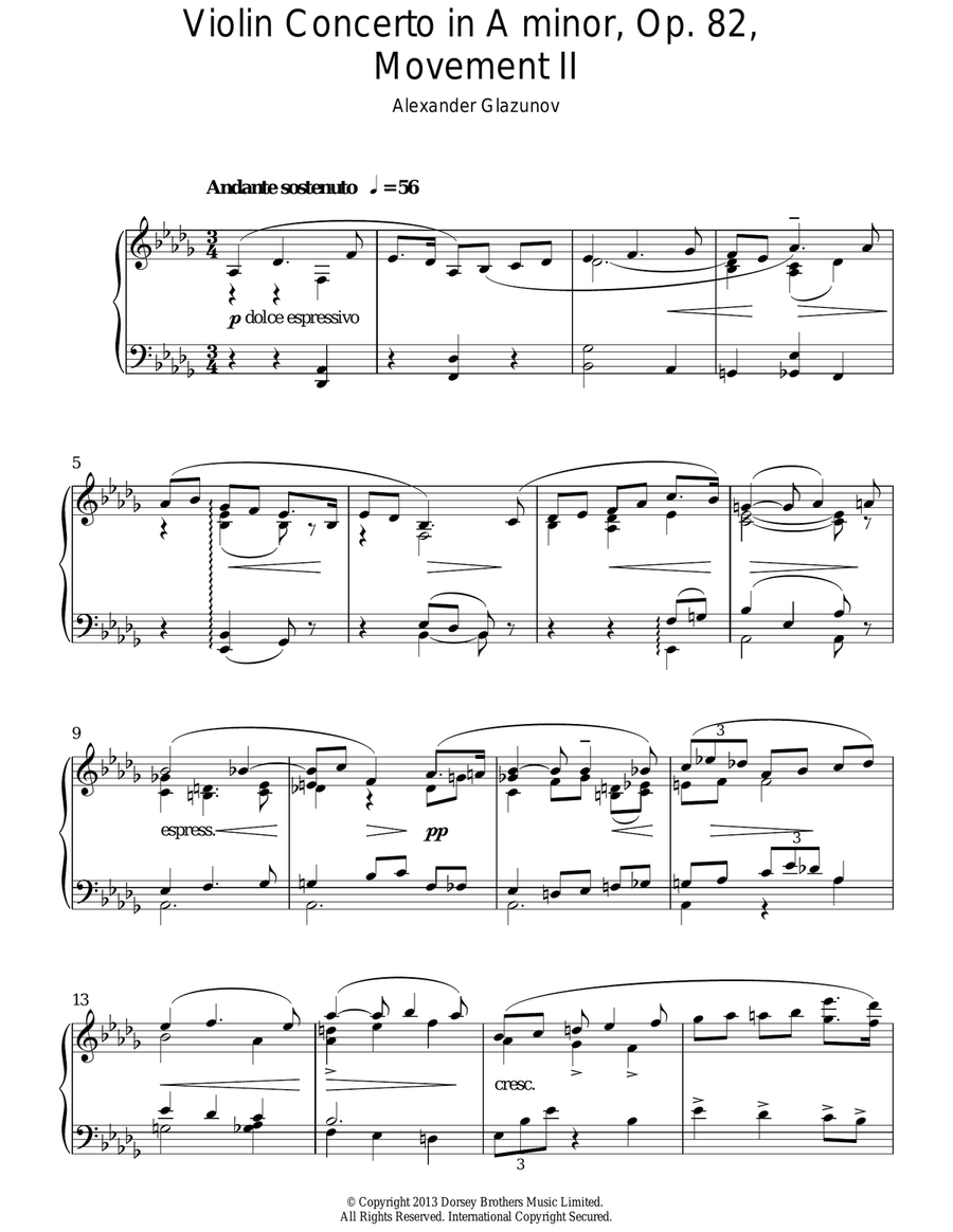 Violin Concerto In A Minor Op. 82, 2nd Movement 'Andante Sostenuto' Violin Solo scores gallery preview page 1