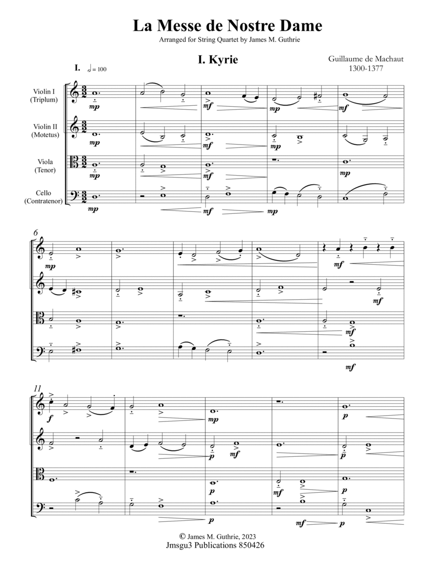 Machaut: La Messe de Nostre Dame for String Quartet String Quartet scores gallery preview page 1