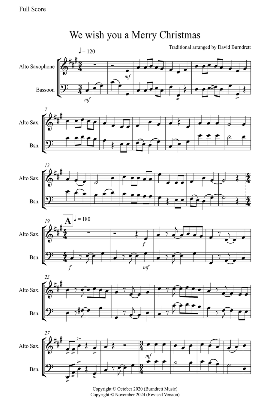 We Wish You a Merry Christmas for Alto Saxophone and Bassoon Duet Woodwind Duet scores gallery preview page 1