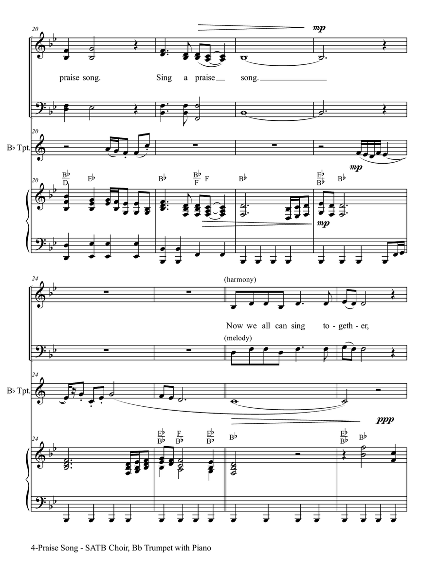 PRAISE SONG (SATB Choir, Bb Trumpet with Piano) 4-Part scores gallery preview page 5