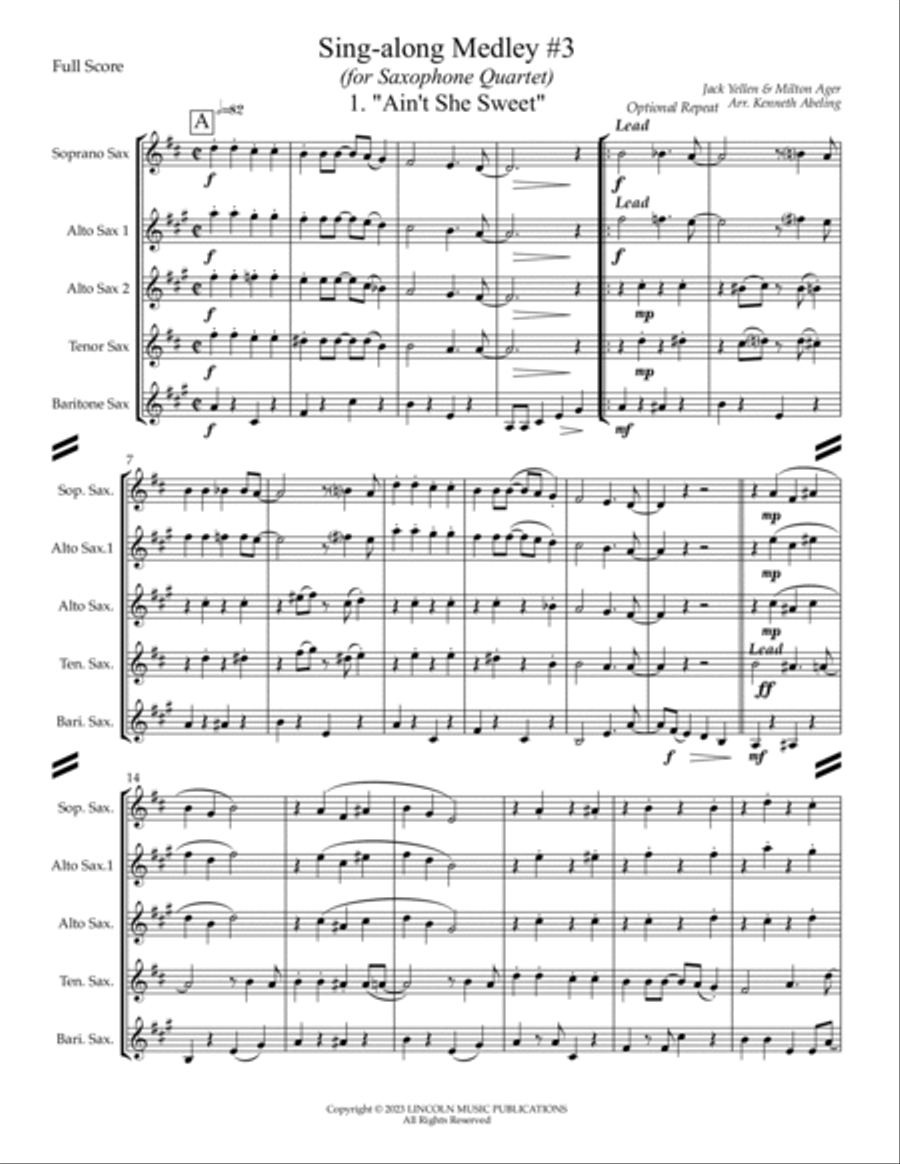 Sing-along Medley #3 (for Saxophone Quartet SATB or AATB) Saxophone Quartet scores gallery preview page 2