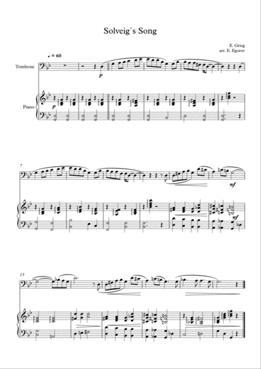 Solveig`s Song, Edvard Grieg, For Trombone & Piano Piano Accompaniment scores gallery preview page 1