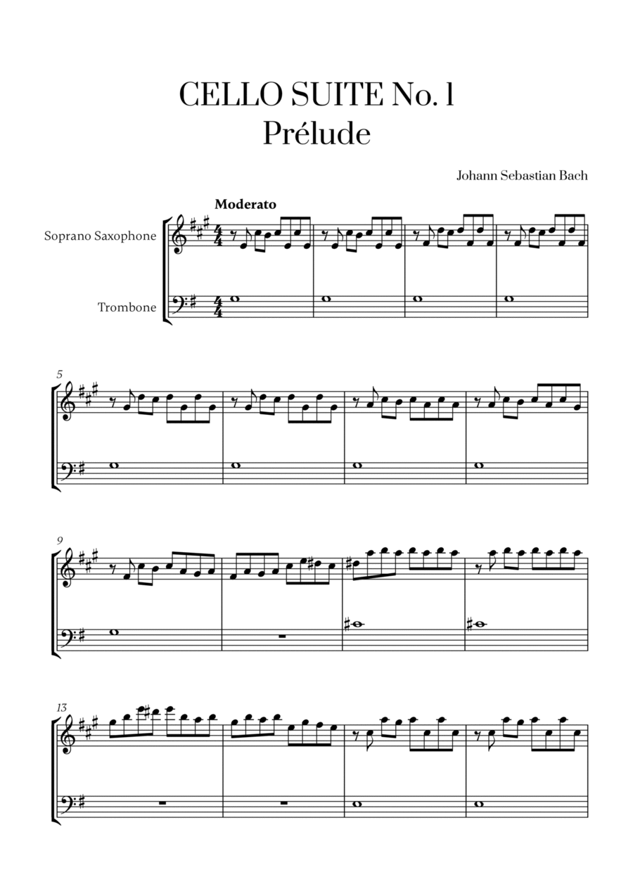 Johann Sebastian Bach - Cello Suite No. 1 in G Major, Prelude for Soprano Saxophone and Trombone Trombone Duet scores gallery preview page 1